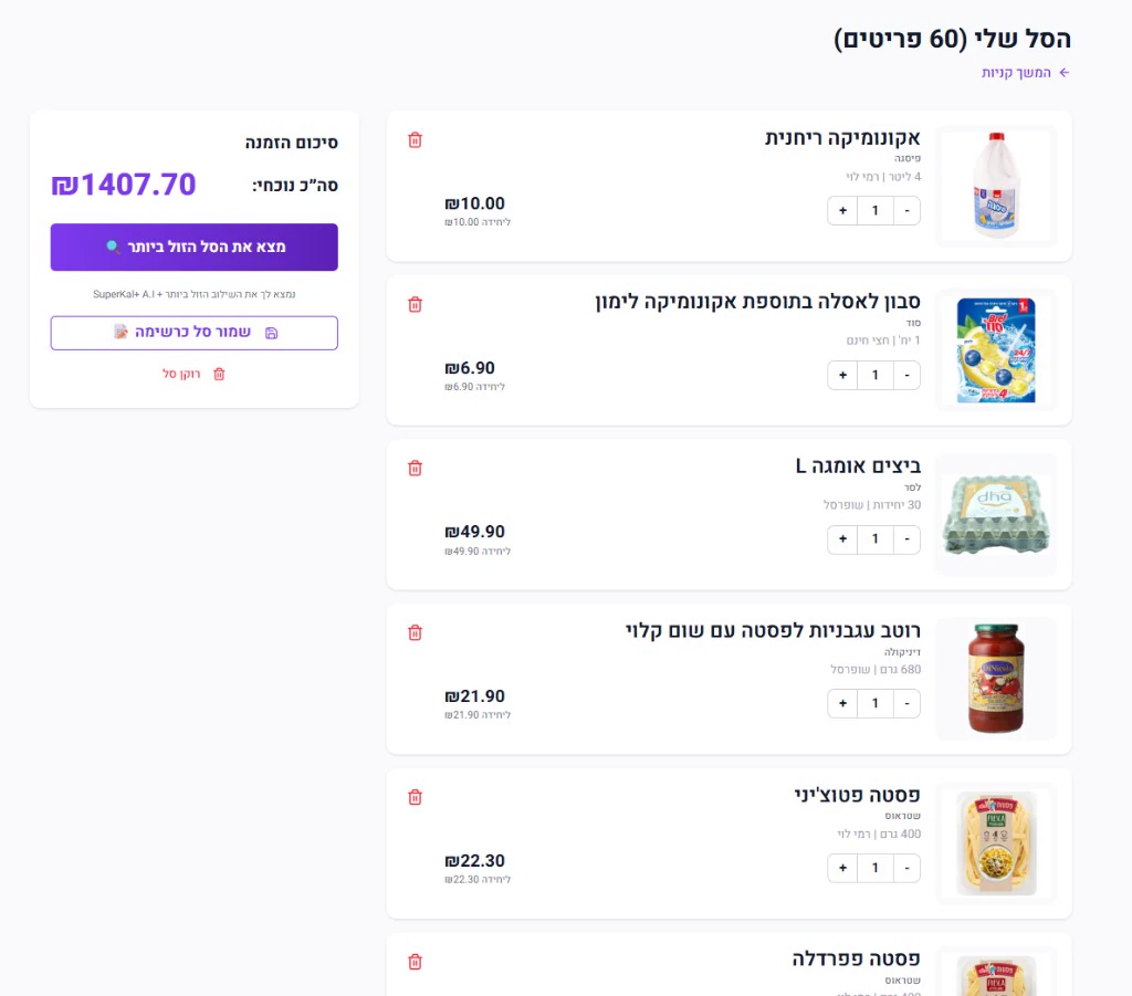 סל קניות מלא בסופרקאל לפני הפעלת הבדיקה