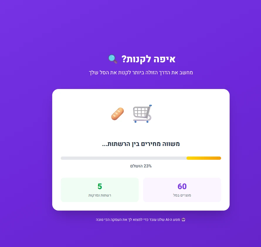 מסך הבדיקה של סופרקאל שמשווה את הסל בין הרשתות